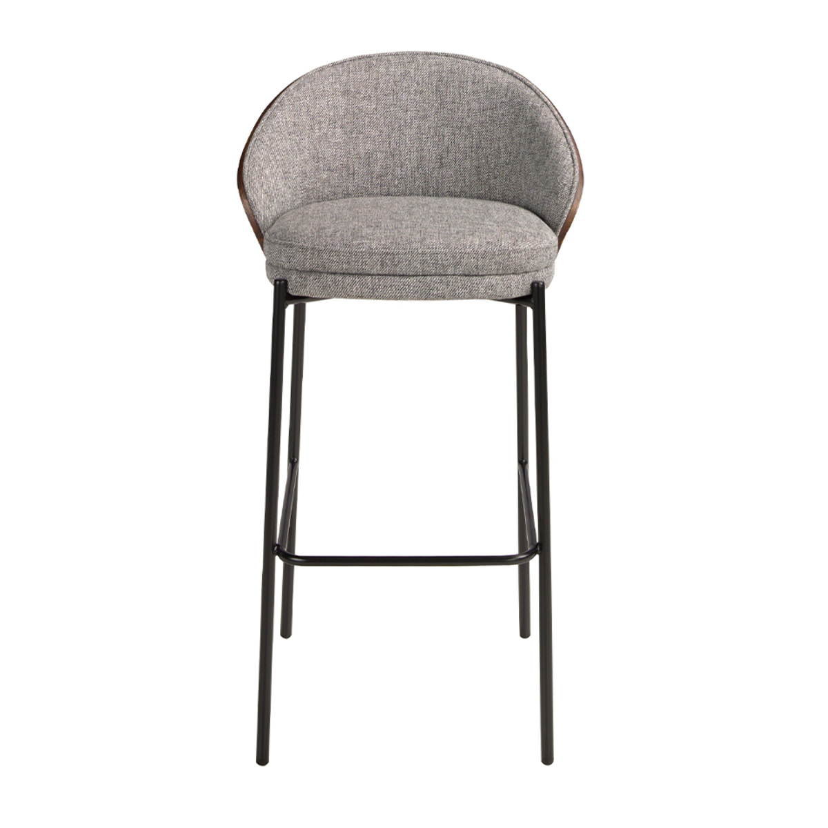 Taburete tapizado en tela gris y respaldo de madera chapada en nogal natural con estructura de patas de acero inoxidable negro 53x51x98cm