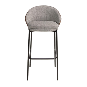 Taburete tapizado en tela gris y respaldo de madera chapada en nogal natural con estructura de patas de acero inoxidable negro 53x51x98cm