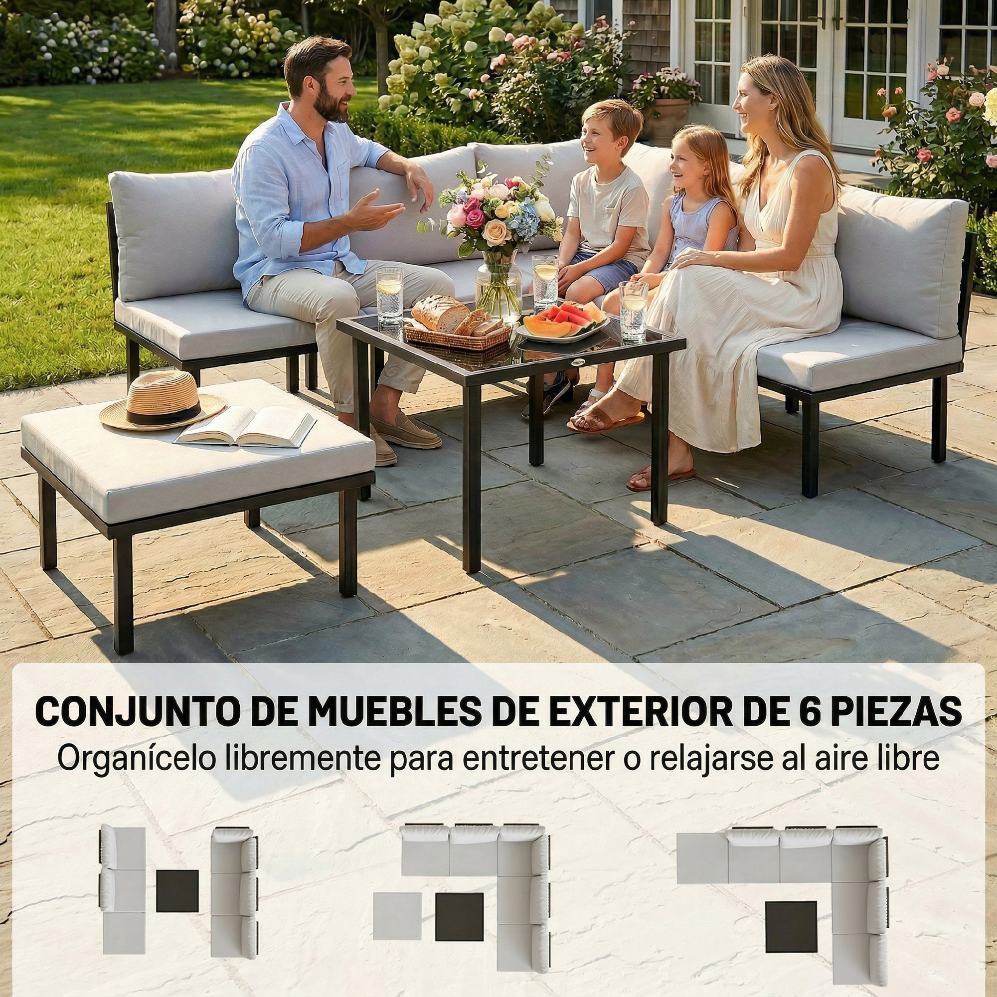 Conjunto de Muebles Jardín Exterior de 6 Piezas Sofá Exterior Seccional Forma de L con Sofá de 2 Plazas Módulo de Esquina 2 Sillones Reposapiés Mesa con Tapa de Vidrio y Cojines Gris Claro