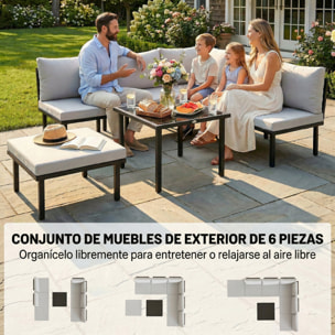 Conjunto de Muebles Jardín Exterior de 6 Piezas Sofá Exterior Seccional Forma de L con Sofá de 2 Plazas Módulo de Esquina 2 Sillones Reposapiés Mesa con Tapa de Vidrio y Cojines Gris Claro