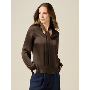 Oltre - Blusa de raso con lazo en el cuello - Marrón