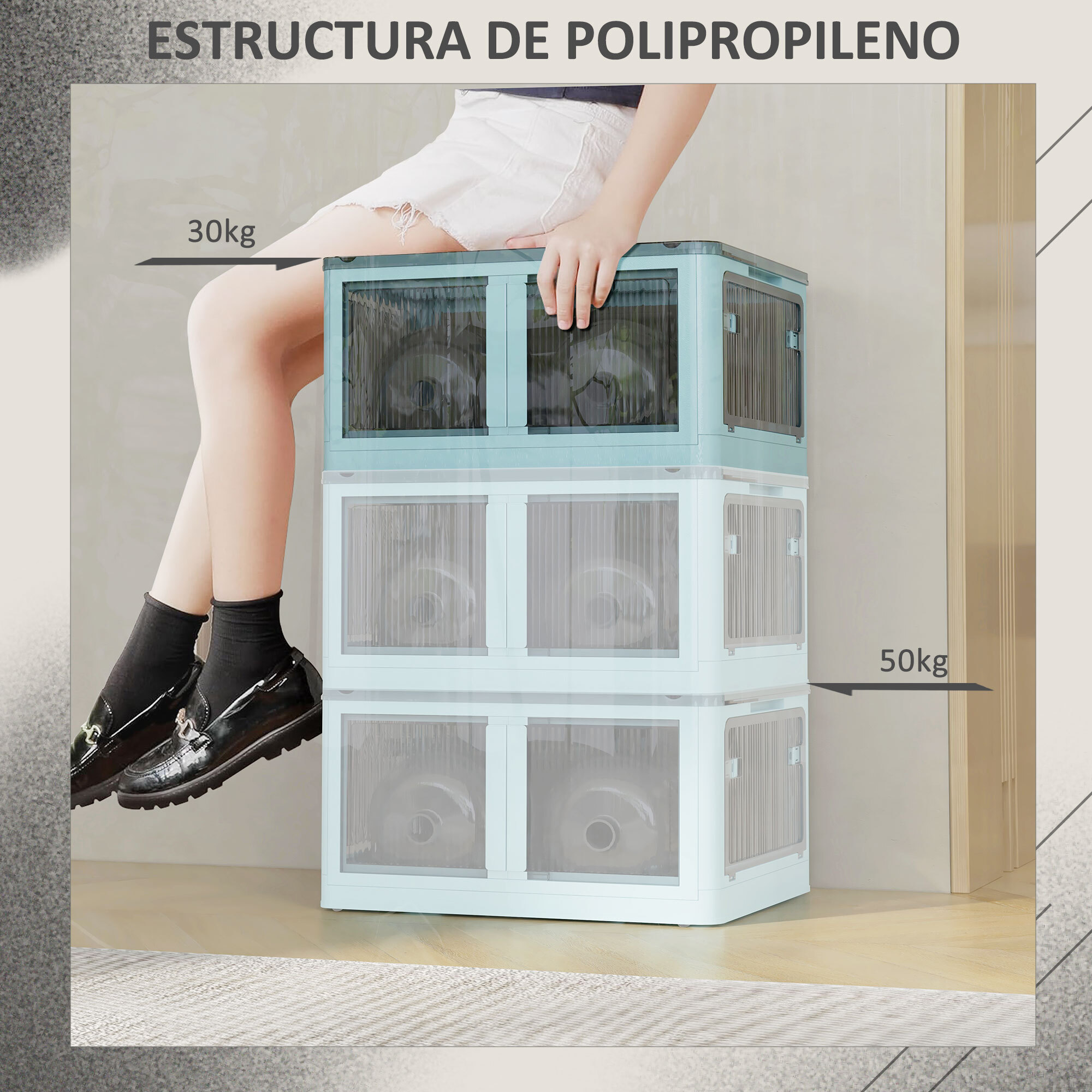 Caja de Almacenamiento Apilable con Tapa 69L Caja Organizadora Plegable con Ruedas Contenedor de Plástico con Acceso a 5 Lados 60x42x34 cm