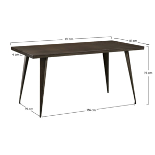 Table rectangulaire 6 personnes en métal gris 150 cm - Indus