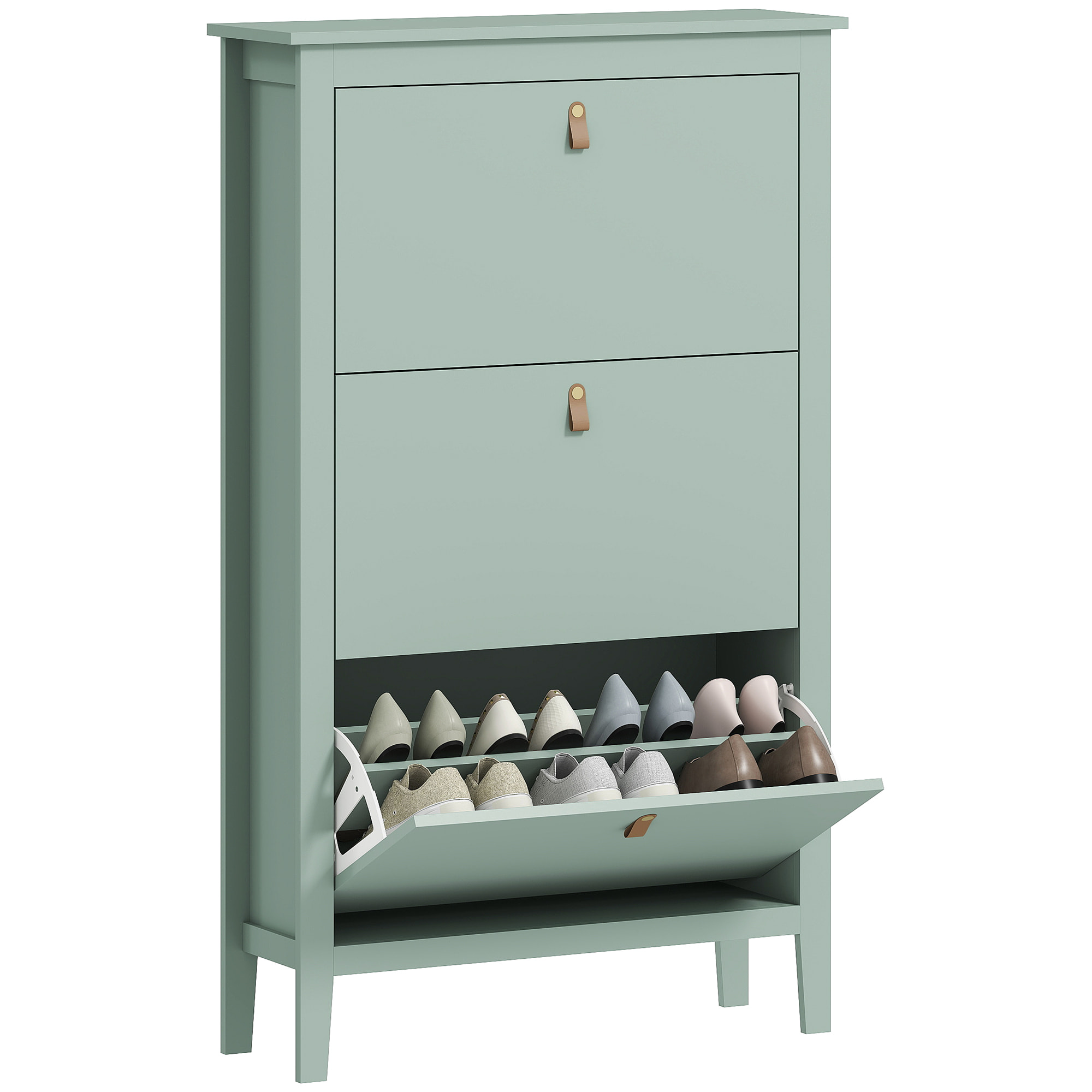 HOMCOM Zapatero Estrecho 3 Puertas, Zapatero Entrada Recibidor, Estantes Ajustables, Tiradores de PU, para 21 Pares de Zapatos, para Pasillo, Espacios Reducidos, 80x24x131 cm, Verde Claro
