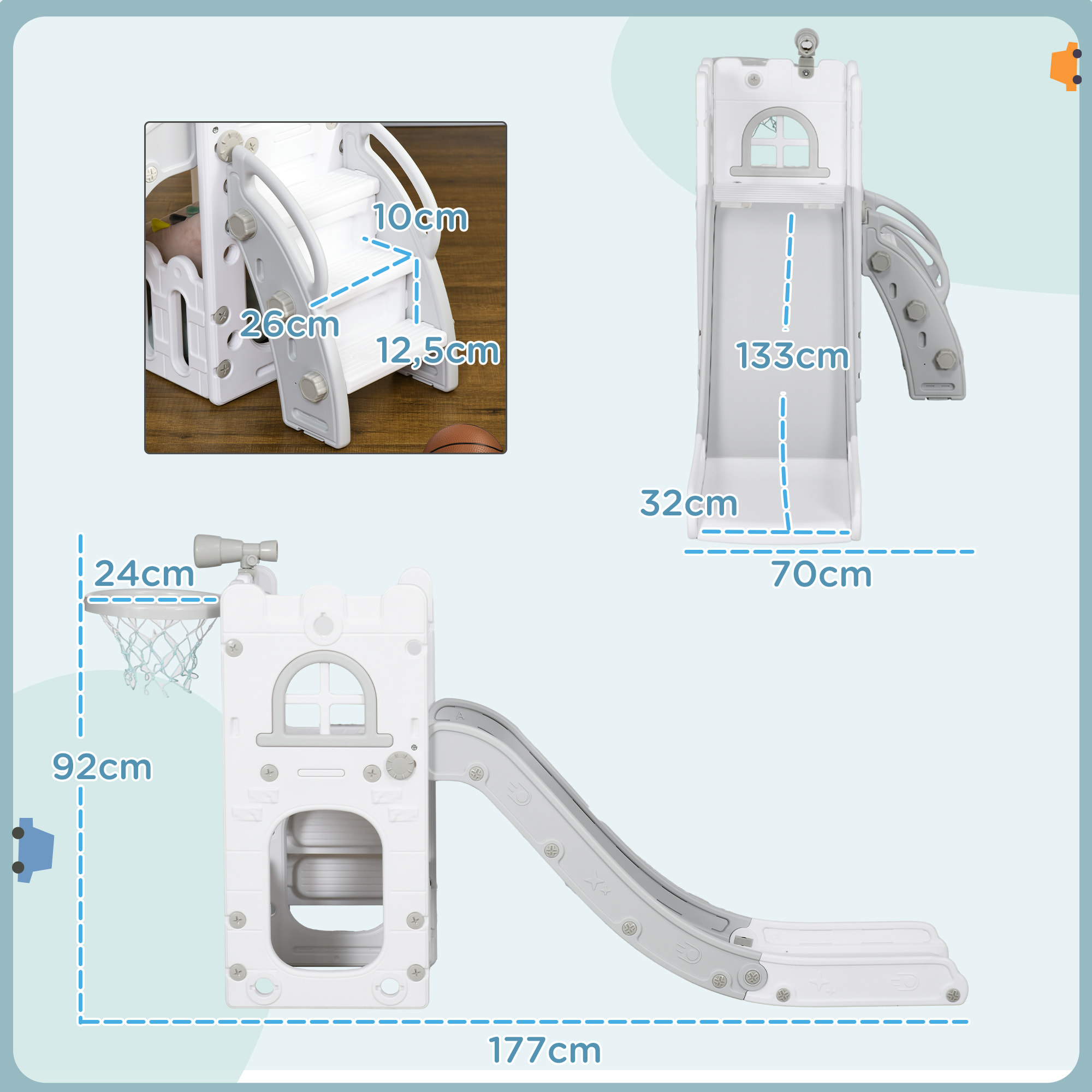 Toboggan pour enfant multifonction - télescope, panier basketball, espace rangement - HDPE blanc gris