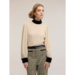 Motivi - Blusa in crêpe con dettagli in velluto - Beige