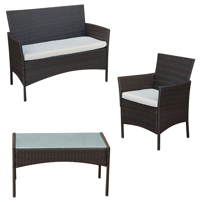 Salon de jardin CORFOU en résine tressée marron 4 places - coussins beige