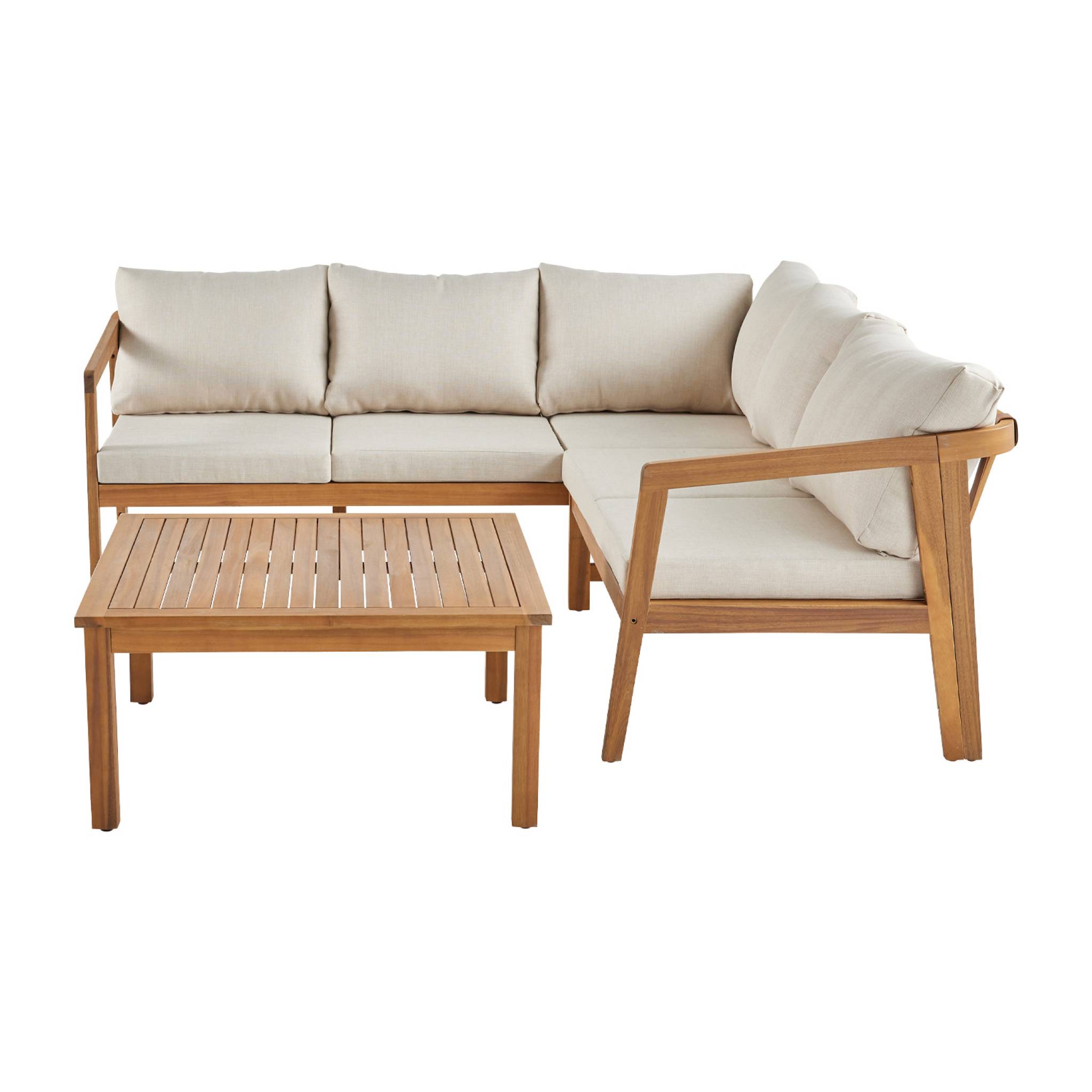 Salon de jardin d'angle beige en acacia 5 places LOBERIA CORNER. table carrée