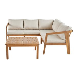 Salon de jardin d'angle beige en acacia 5 places LOBERIA CORNER. table carrée