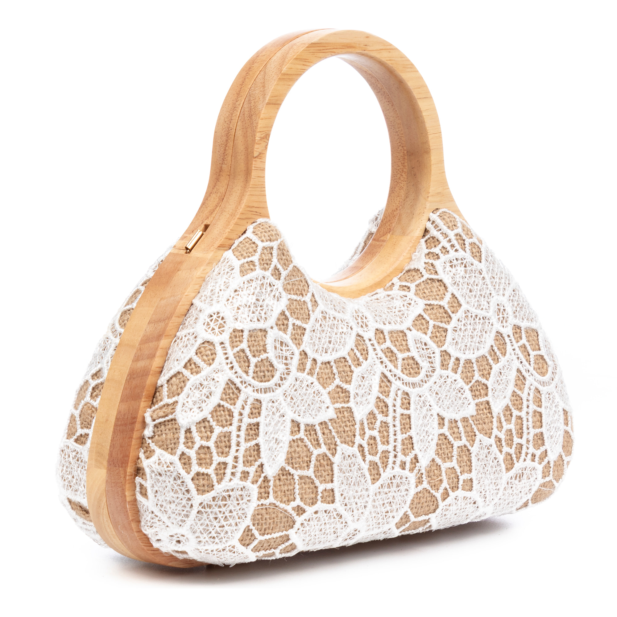 Avisio borsa a mano realizzata in legno naturale, cotone e juta con design in rete di tessuto floreale