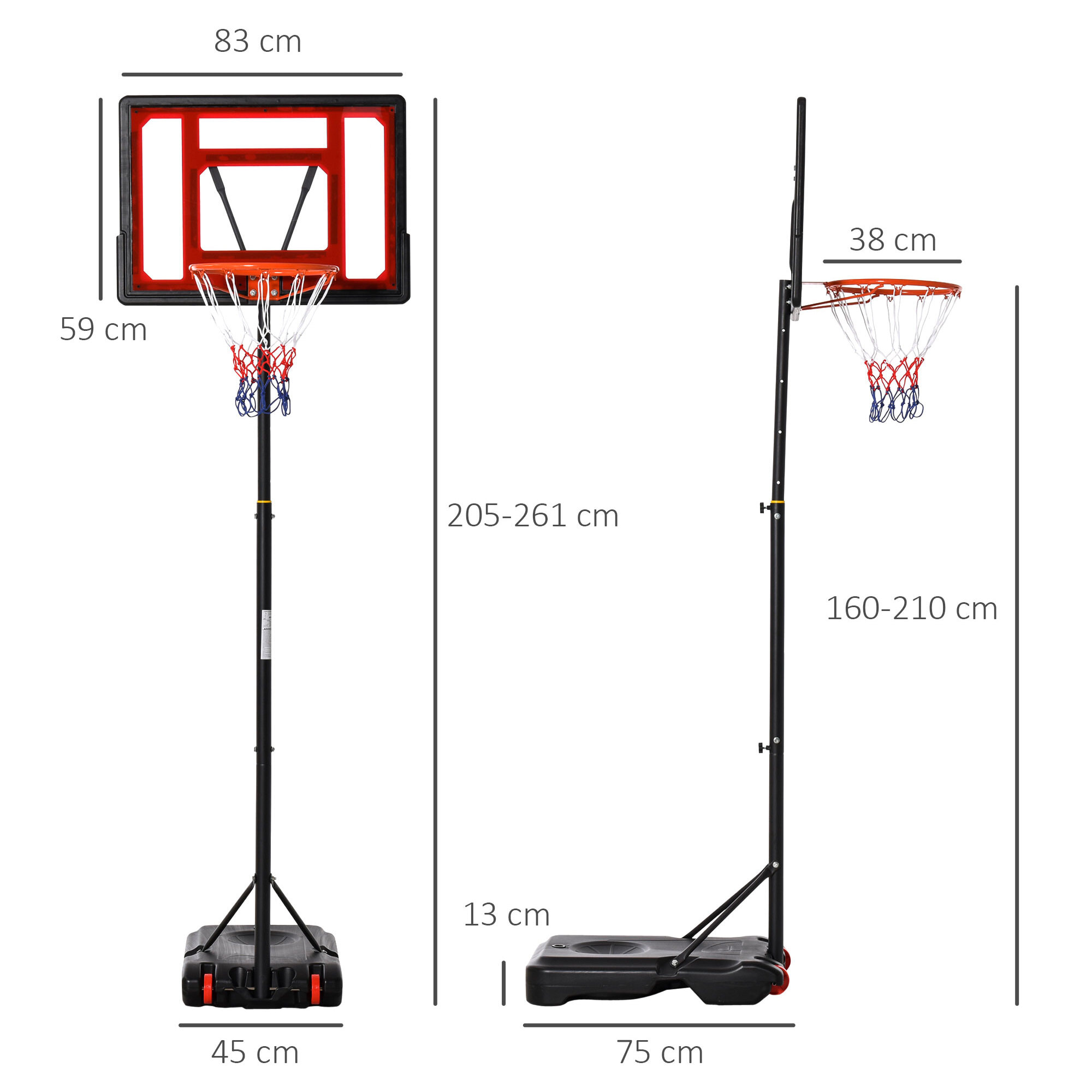 Canasta de Baloncesto Ajustable de 160-210 cm con Soporte Acero Base Rellenable