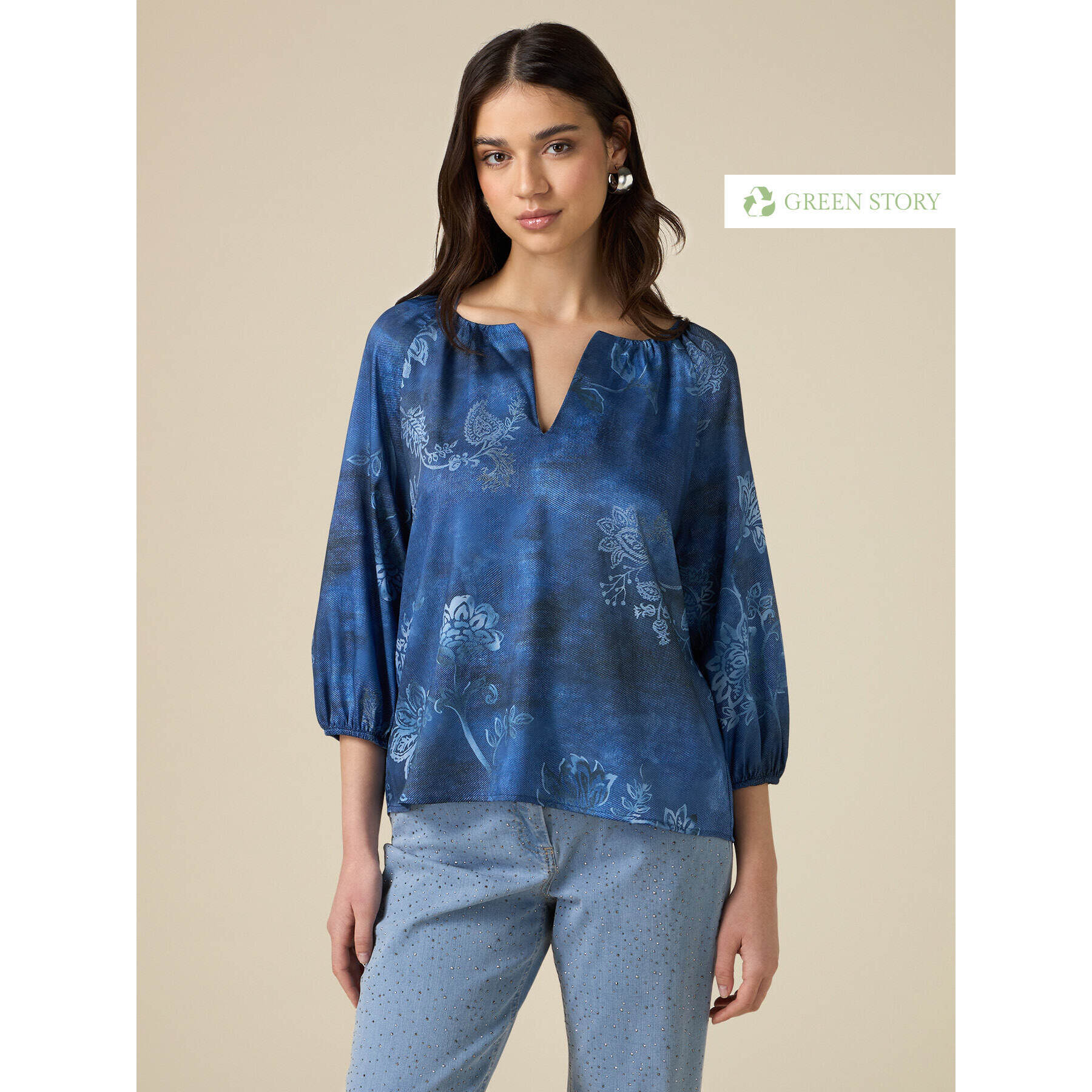 Oltre - Blusa de raso estampado ecológico - Azul