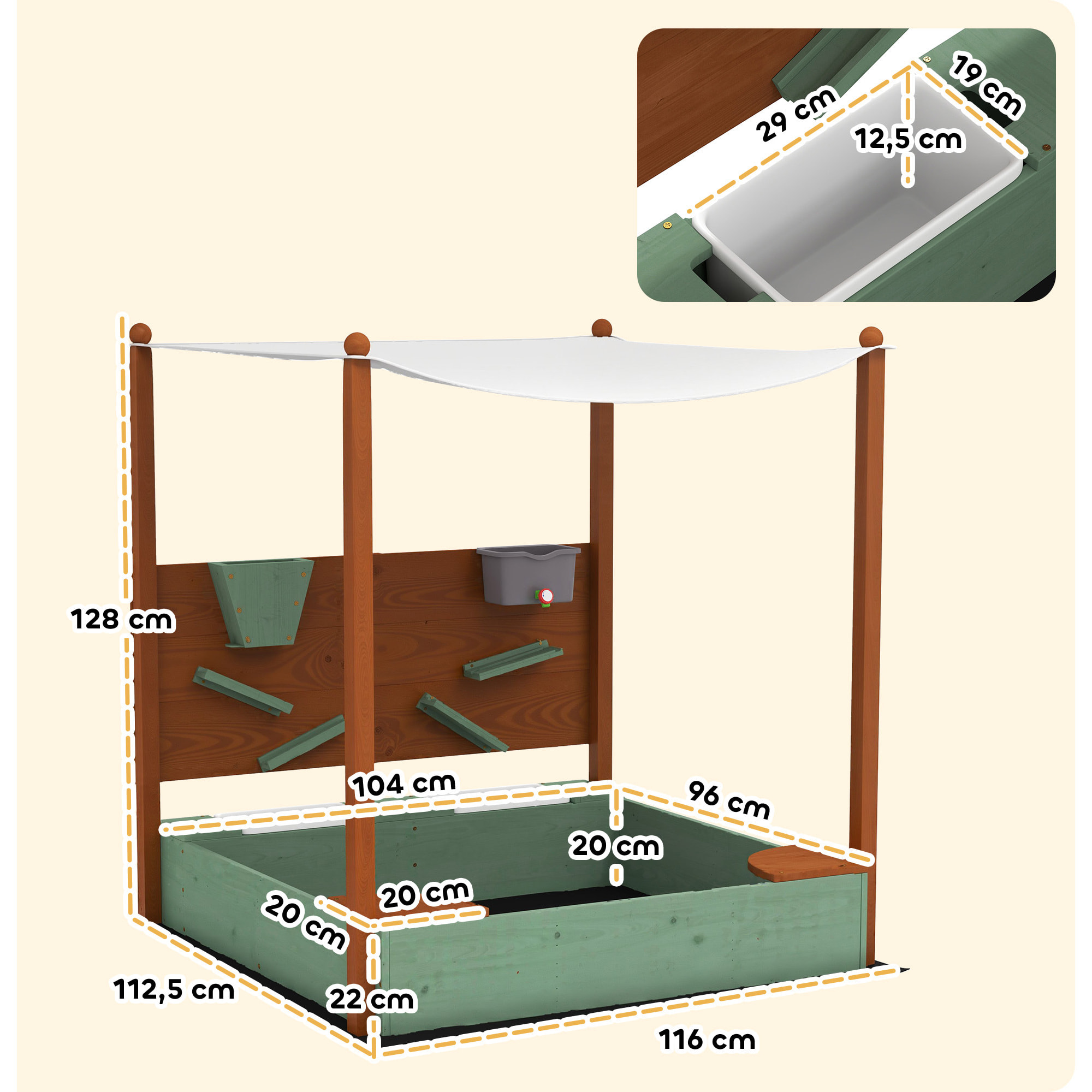 Arenero para Niños de Madera con Techo, Arenero Infantil con 2 Asientos, 2 Cajas, Grifo, Embudo, Caja de Arena para Niños de 3-6 Años, para Patio, Jardín, Balcón, 116x112,5x128 cm, Verde