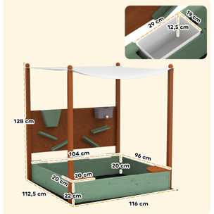 Arenero para Niños de Madera con Techo, Arenero Infantil con 2 Asientos, 2 Cajas, Grifo, Embudo, Caja de Arena para Niños de 3-6 Años, para Patio, Jardín, Balcón, 116x112,5x128 cm, Verde