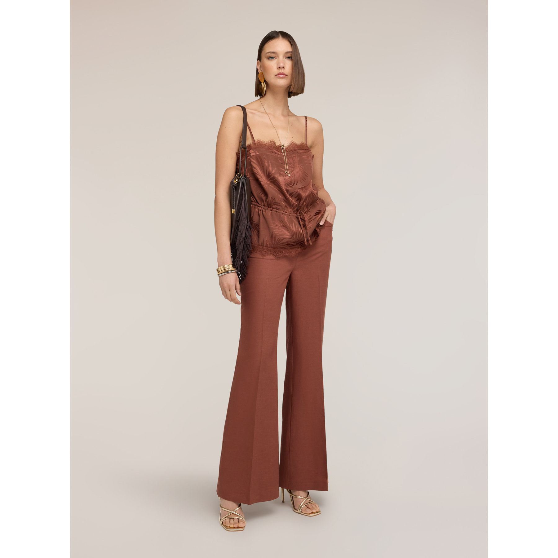 Motivi - Top de raso jacquard con encaje - Marrón