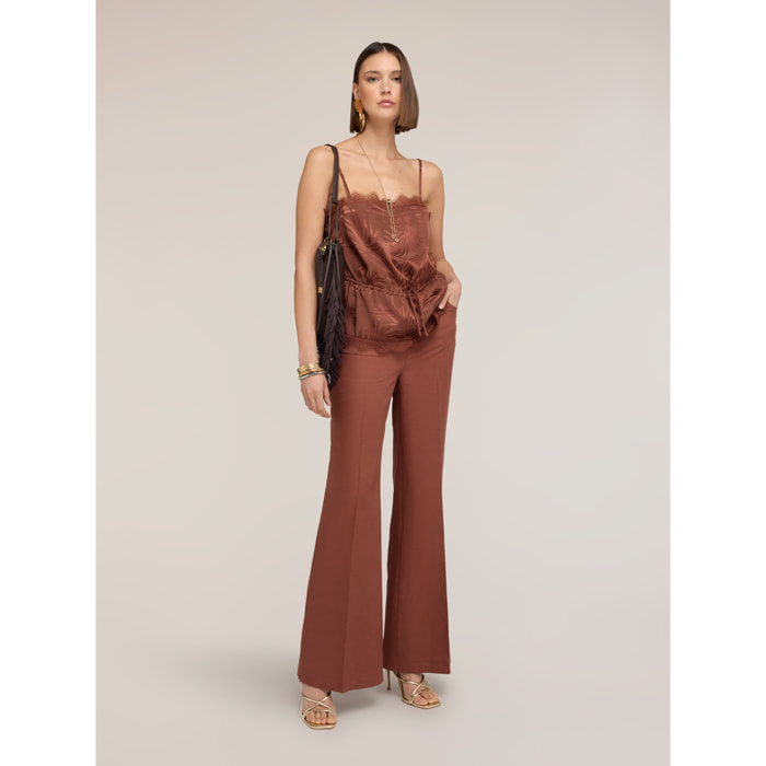 Motivi - Top de raso jacquard con encaje - Marrón