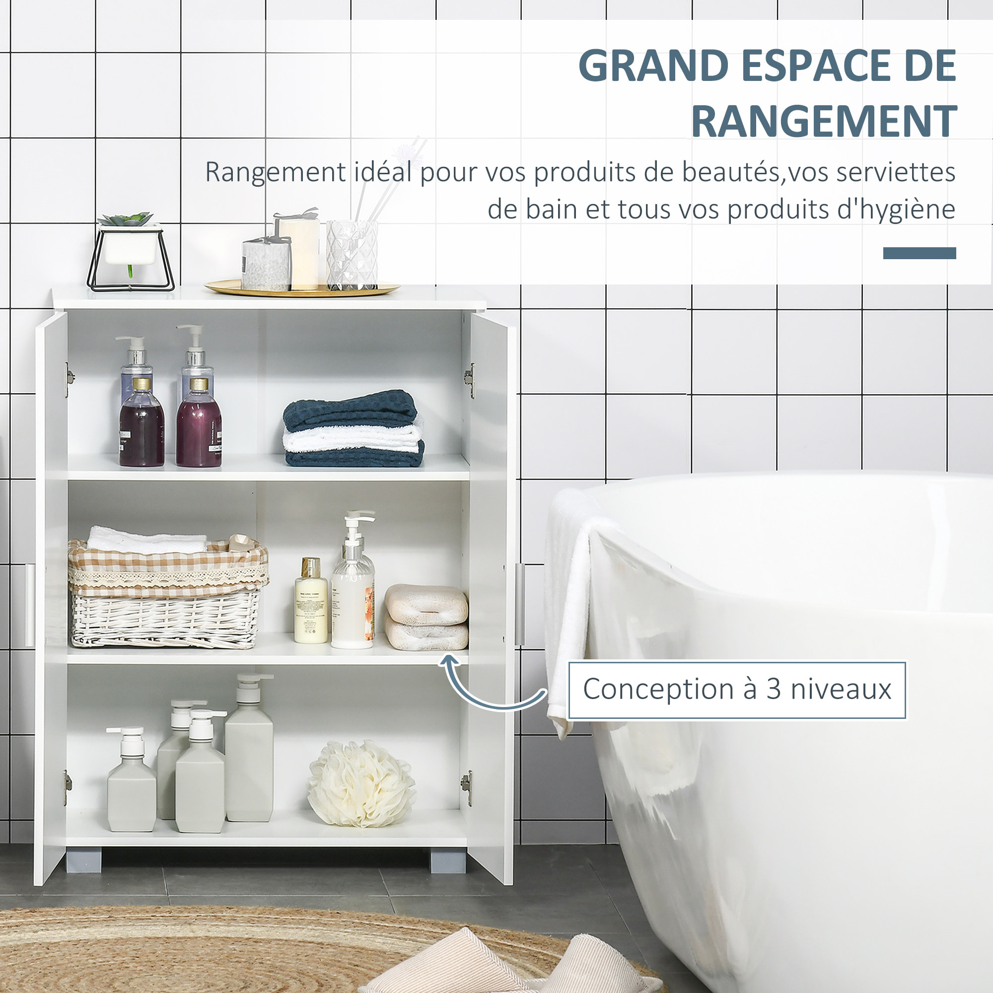 Meuble bas de salle de bain sur pied - 2 portes, 2 étagères réglables - dim. 60 x 30 x 80 cm - MDF blanc