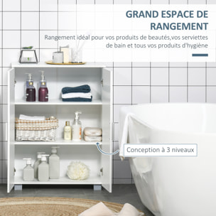 Meuble bas de salle de bain sur pied - 2 portes, 2 étagères réglables - dim. 60 x 30 x 80 cm - MDF blanc