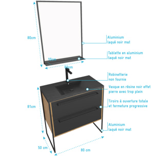 Meuble de salle de bain 80x50cm chene brun - 2 tiroirs noir mat - vasque resine noire effet pierre