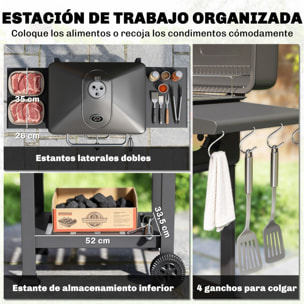 Barbacoa de Carbón Portátil, Barbacoa de Carbón Móvil con Bandeja y Ventilación Ajustable, Estantes Laterales, Termómetro, Tapa, Cajón de Cenizas, Ruedas, Puerta Frontal, Asa, Negro