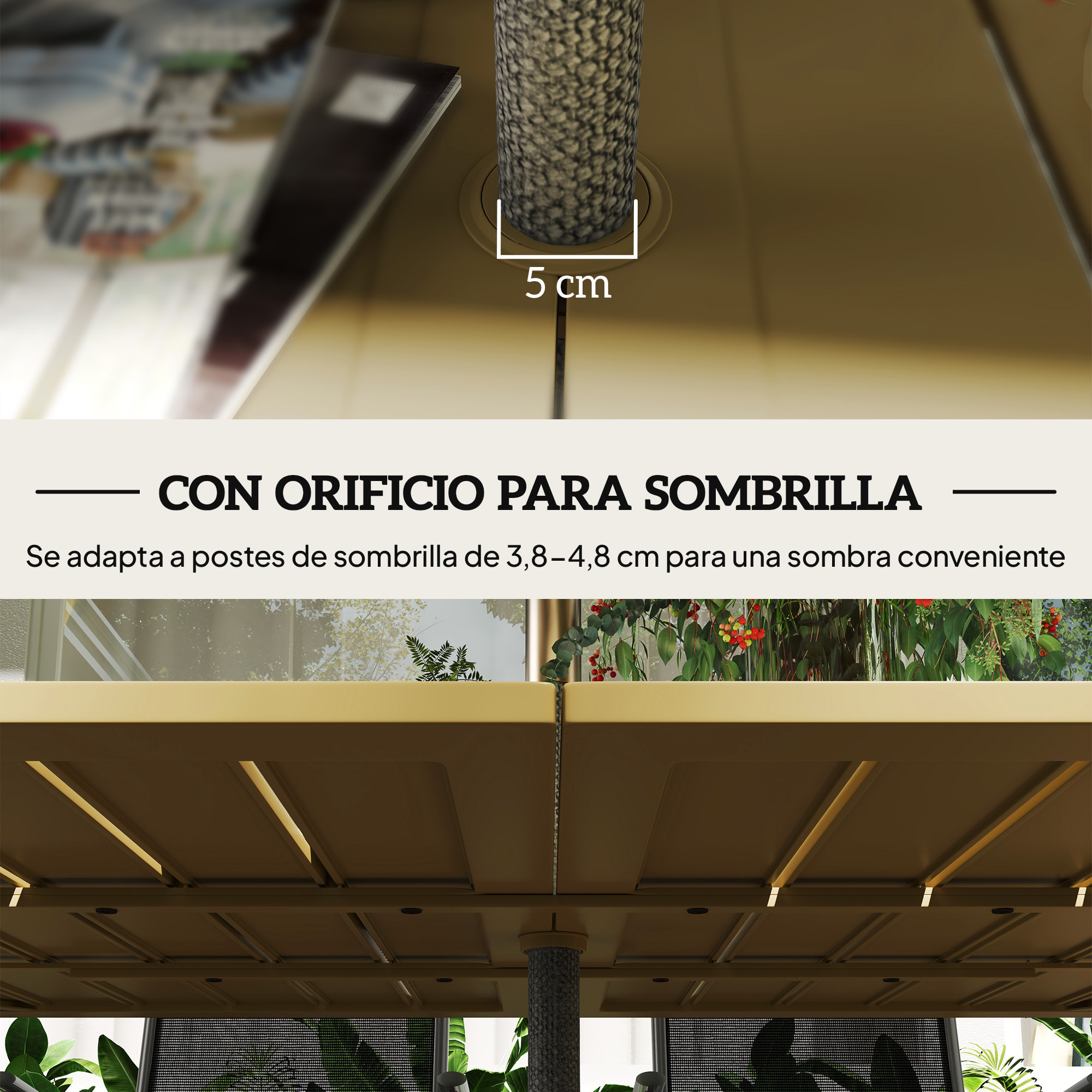 Mesa de Jardín Rectangular Mesa de Terraza Exterior 150x90x73 cm con Patas de Acero Orificio para Sombrilla y Diseño de Listones Carga 70 kg para Terraza Patio Marrón