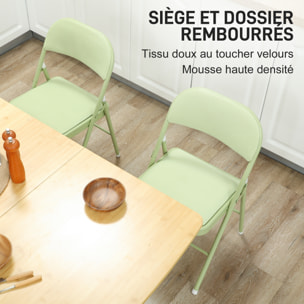 Lot de 4 chaises pliantes assise dossier rembourrés acier velours vert