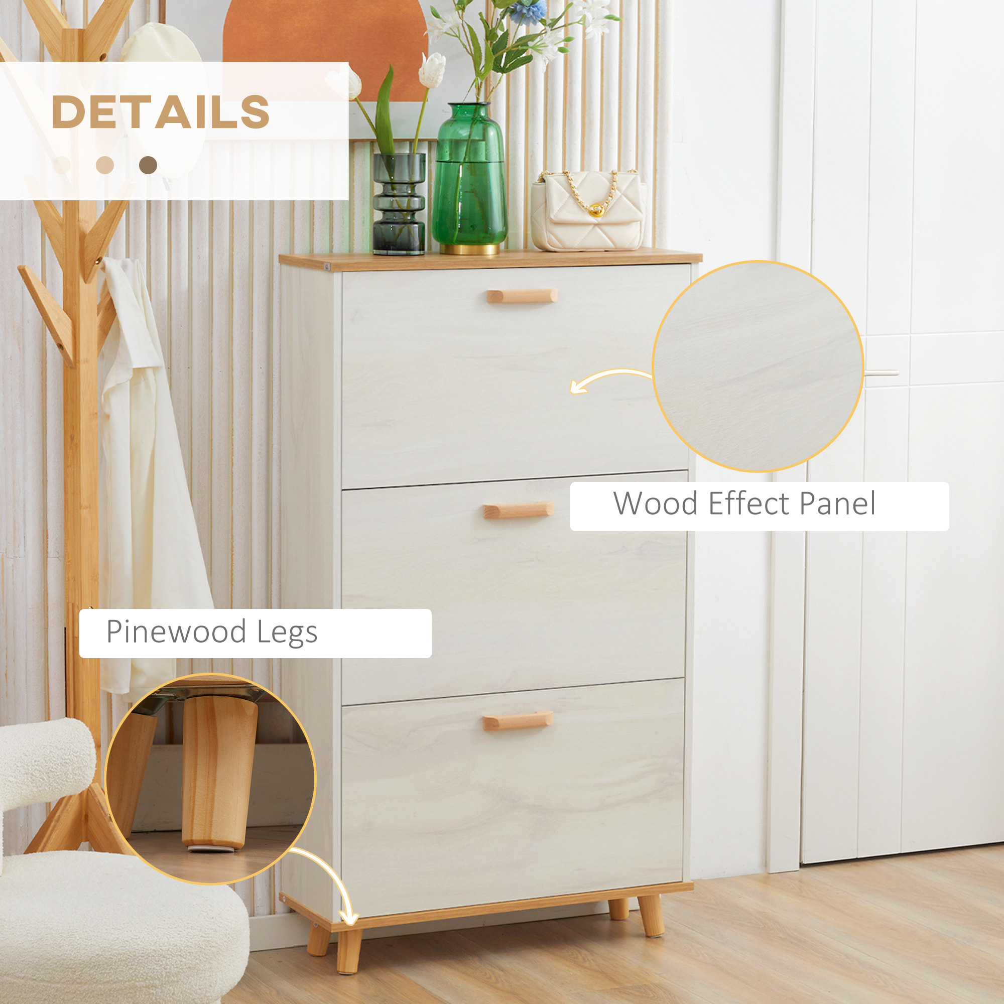 HOMCOM Armario de Zapatos Moderno Mueble Zapatero con 3 Cajones Abatibles para 12 Pares de Zapatos y Estante Ajustable para Pasillo Entrada 70x23,5x122 cm Blanco