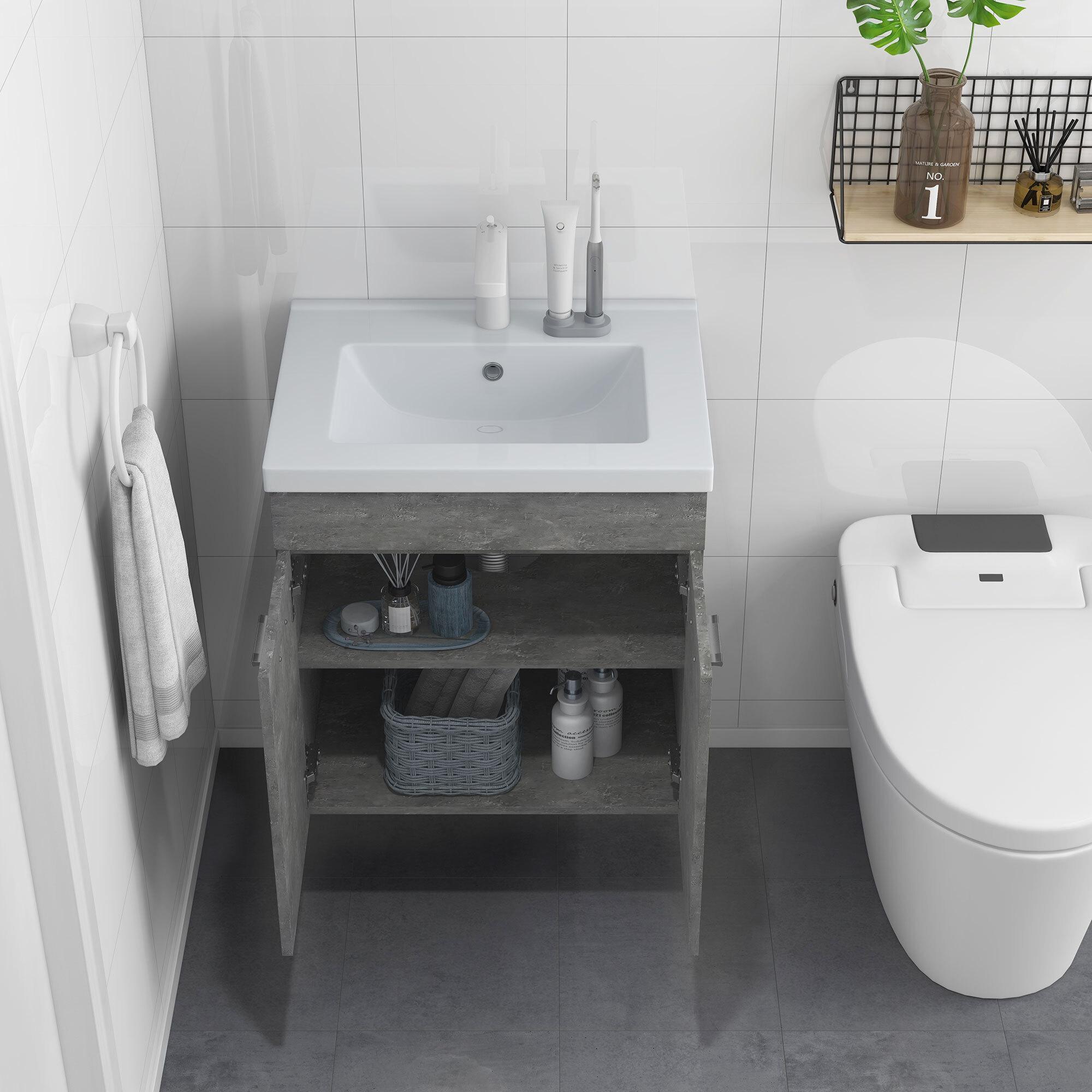 Mueble de Baño con Lavabo Cerámico Armario Bajo de Lavabo de Pared con 2 Puertas y Estante Ajustable Acabado Melamina 60x45,5x60 cm Gris