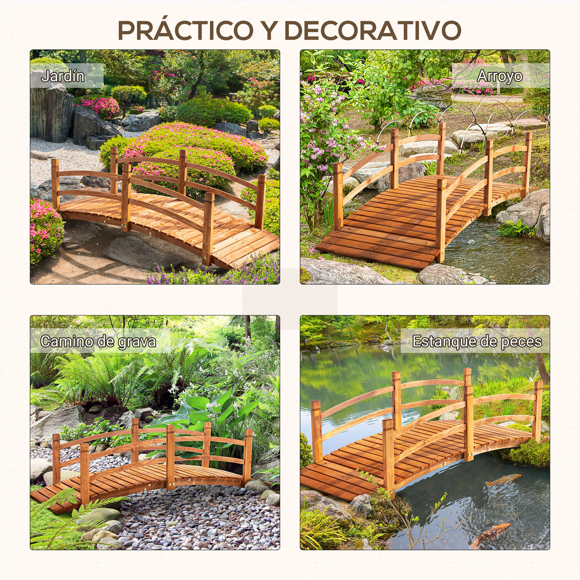 Puente de Aro de Madera con Pasamanos Puente de Jardín para Decoración Patio Carga 200 kg 185x72x58 cm Natural