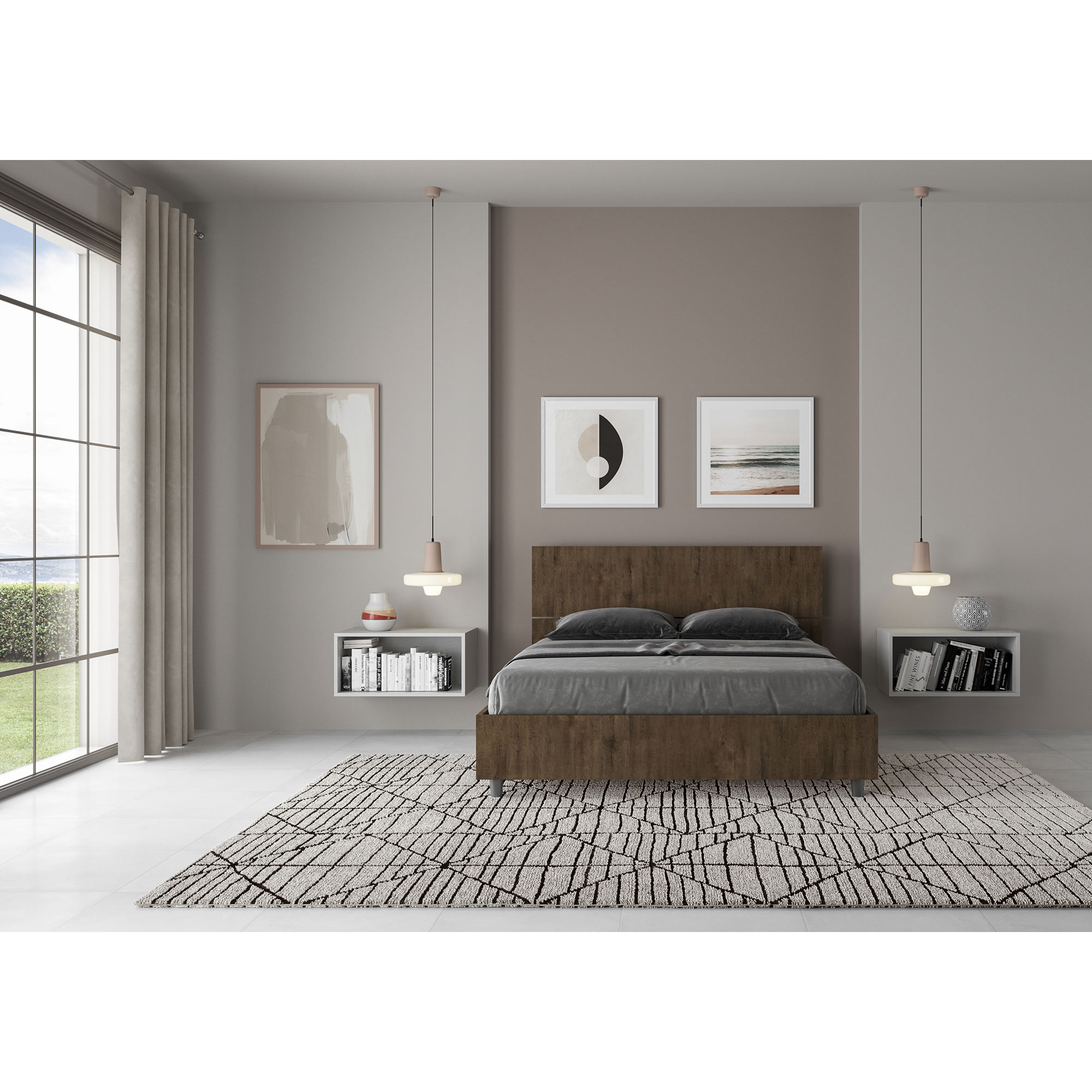 Cama doble con almacenaje 140x200 con cabecera recta nogal Demas