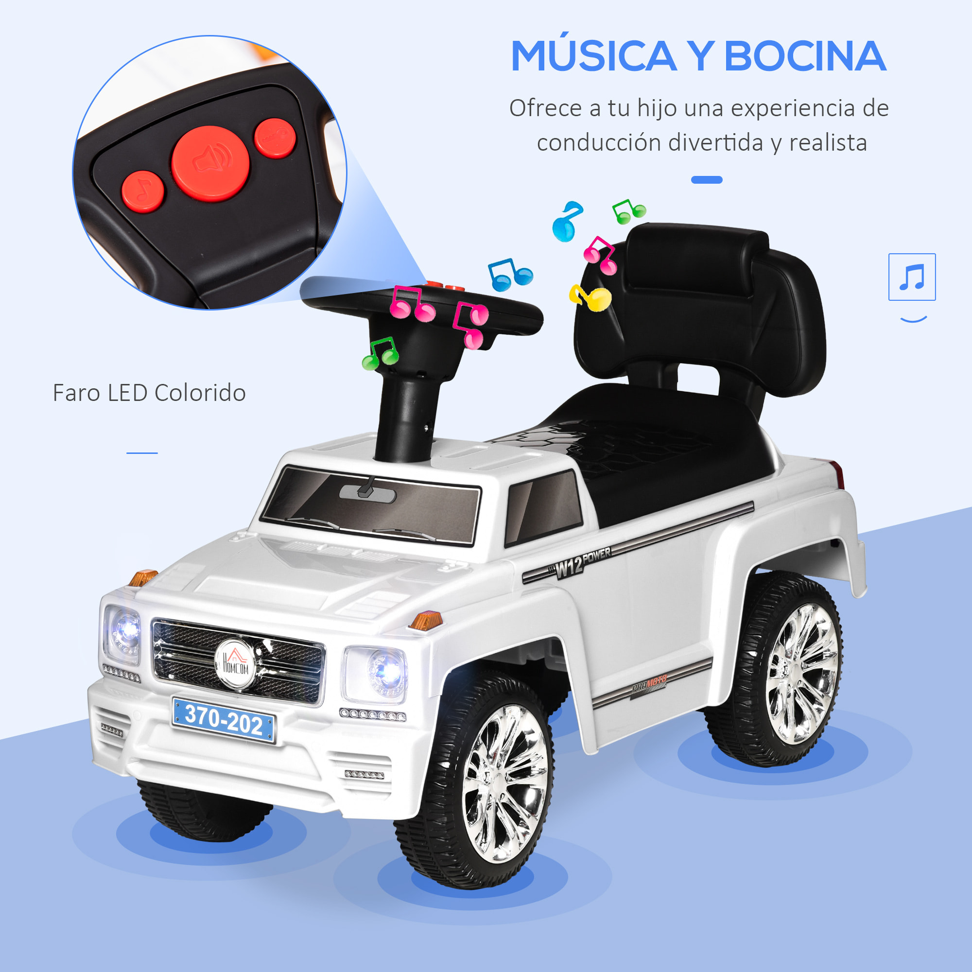 Coche Correpasillos Bebé 18-36 Meses con Faros Música Bocina y Almacenaje Blanco