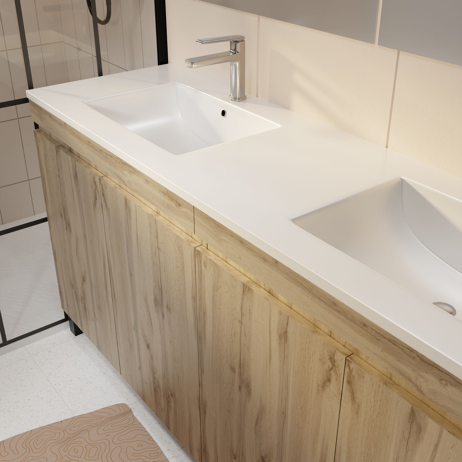 Meuble de salle de bains 120cm 4 Portes_Chêne Naturel + Vasque céramique blanche - TIMBER 120