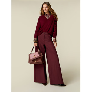 Oltre - Pantalones wide leg de sarga - Burgundy