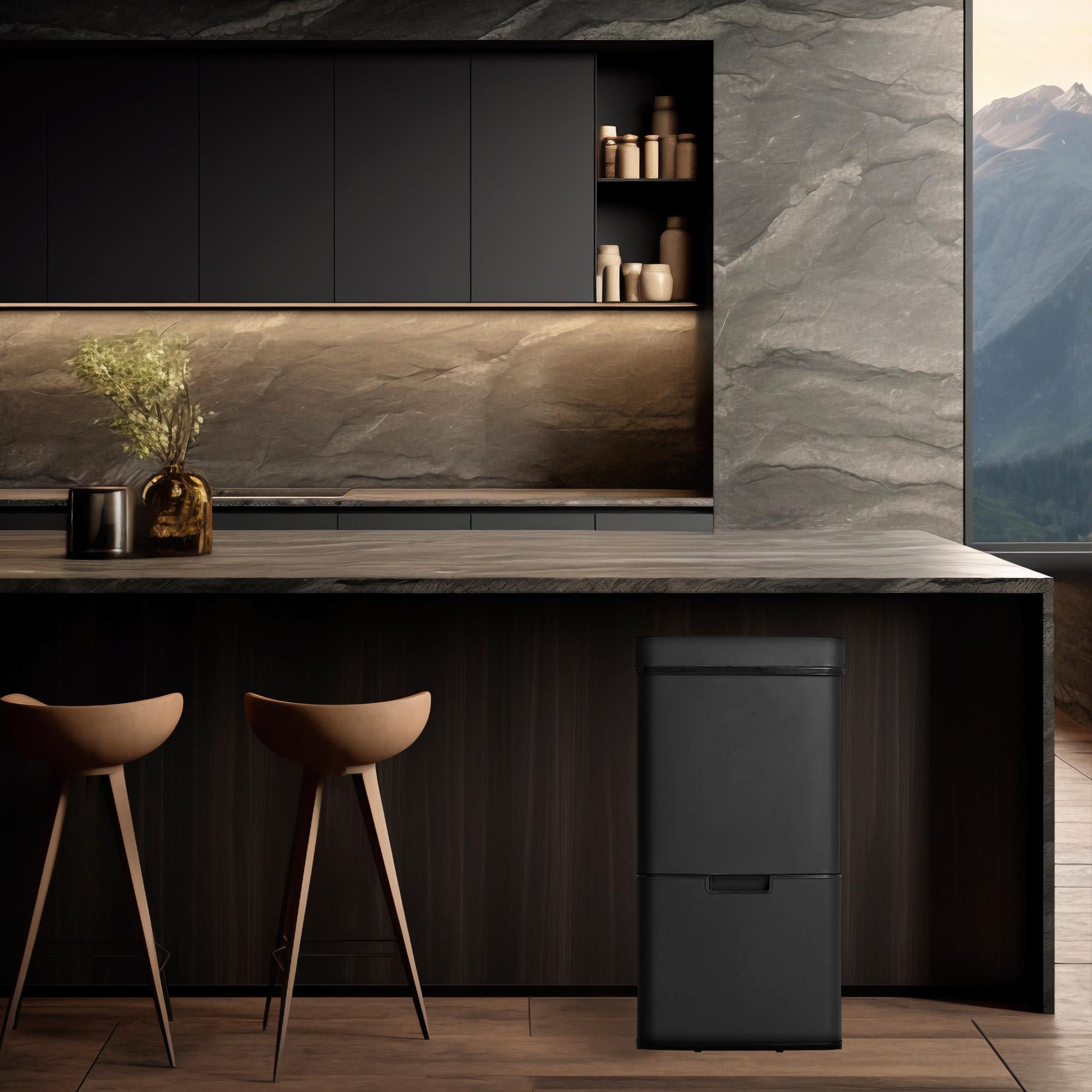 Well home papelera de reciclaje 62l (37l+25l), cubo de basura con 2 compartimentos, apertura automática con sensor, en acero inoxidable, negro