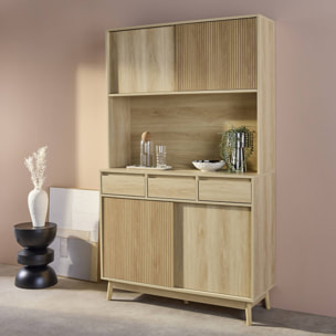 Buffet de cuisine LINEAR décor bois 4 portes 3 tiroirs 110 cm. Naturel. pieds en bois de pain revêtement papier