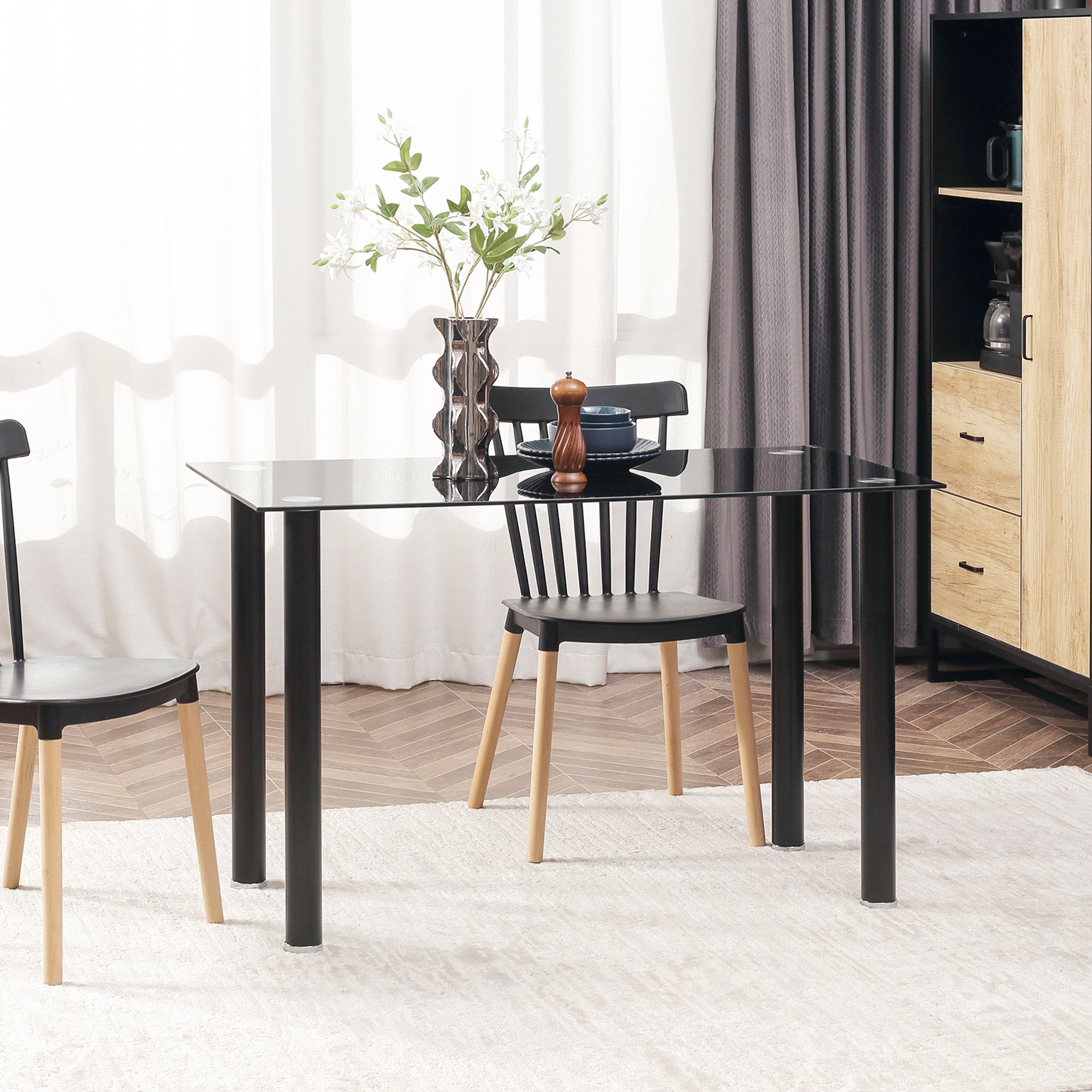 Mesa de Comedor Rectangular Mesa de Cocina Moderna con Tablero de Vidrio Templado y Patas de Acero para 4-6 Personas en Salón Oficina 120x60x75 cm Negro