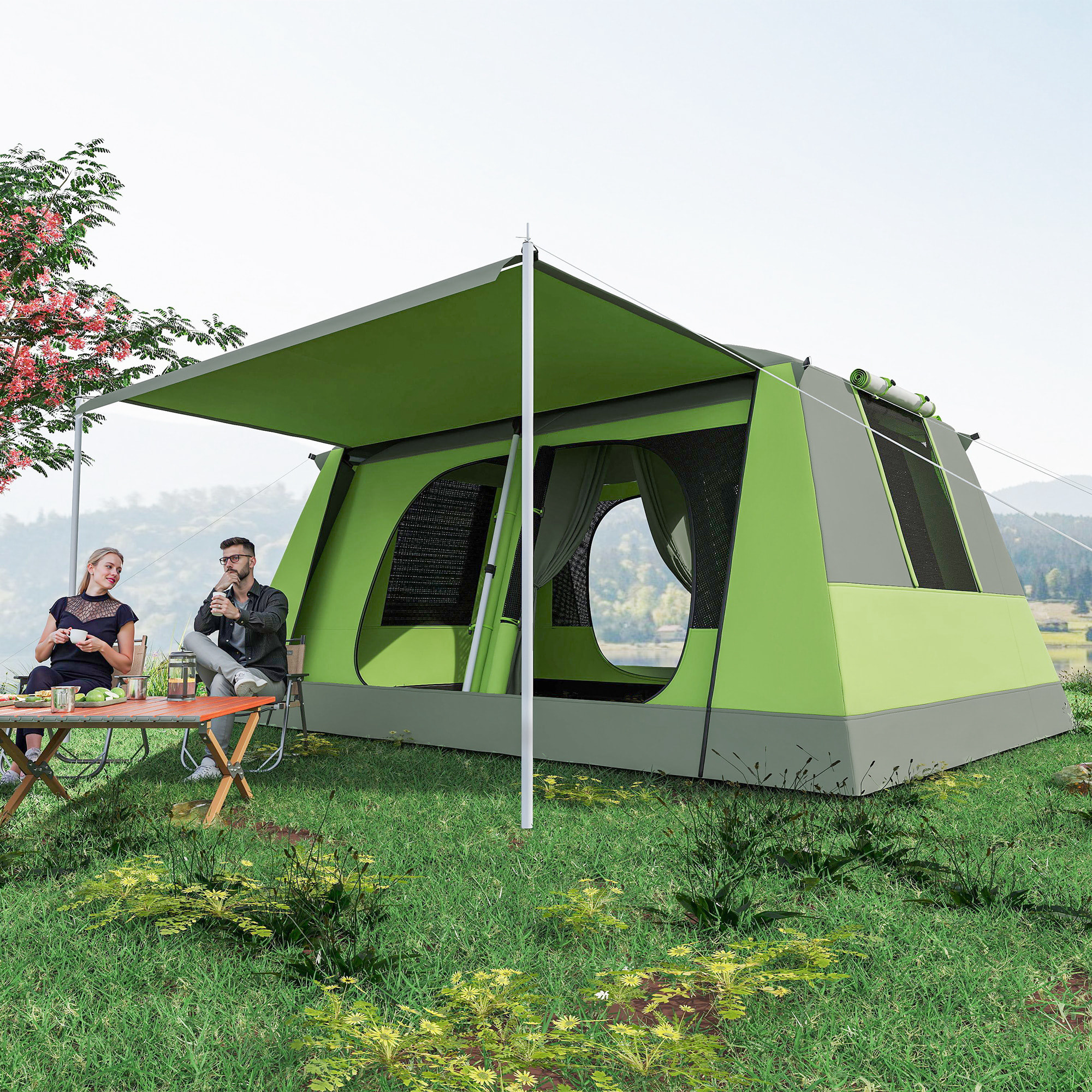 Outsunny Tienda de Campaña Familiar para 4 Personas Tienda de Camping con Mosquitera Gancho y Bolsa de Transporte Anti-UV para Pescar Senderismo Impermeable 2000 mm 405x305x225 cm Verde