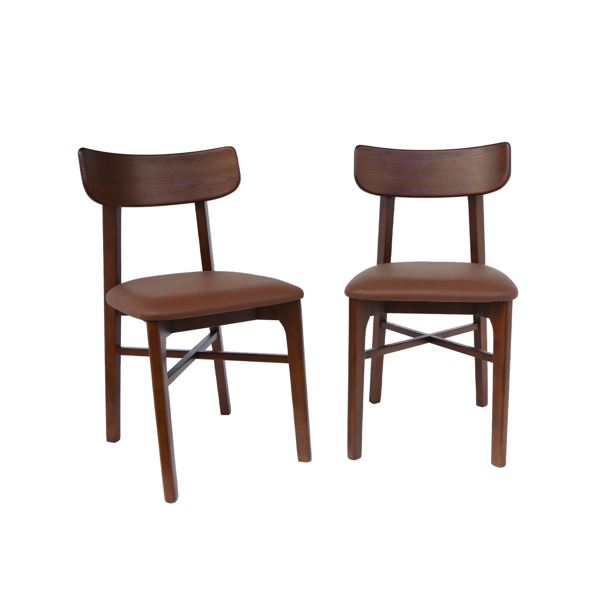 Lot de 2 chaises bois d'hévéa et assise simili cuir marron. vintage. L 43.5 x P 48 x H 81cm
