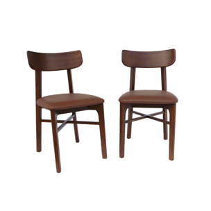Lot de 2 chaises bois d'hévéa et assise simili cuir marron. vintage. L 43.5 x P 48 x H 81cm