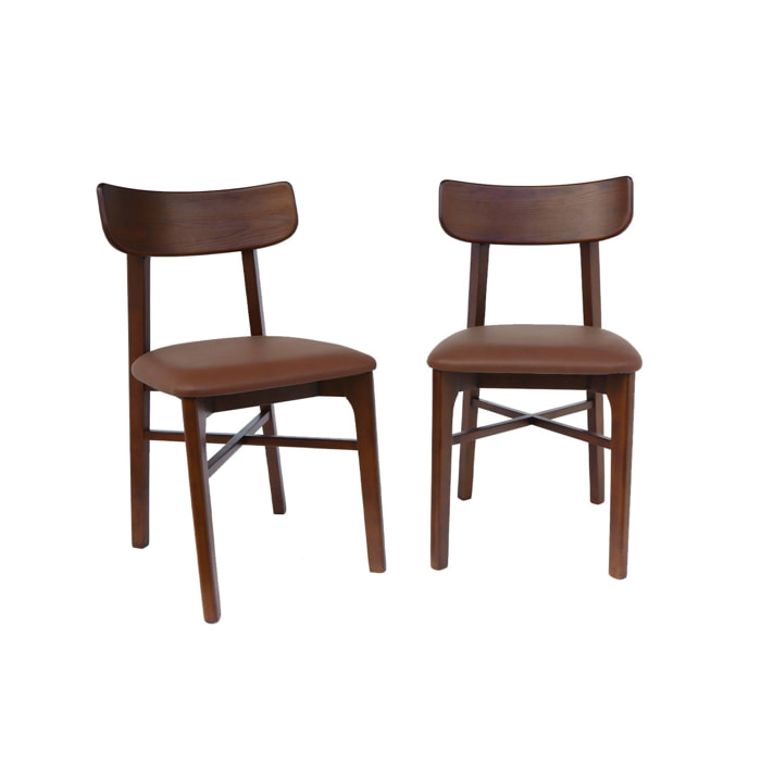 Lot de 2 chaises bois d'hévéa et assise simili cuir marron. vintage. L 43.5 x P 48 x H 81cm