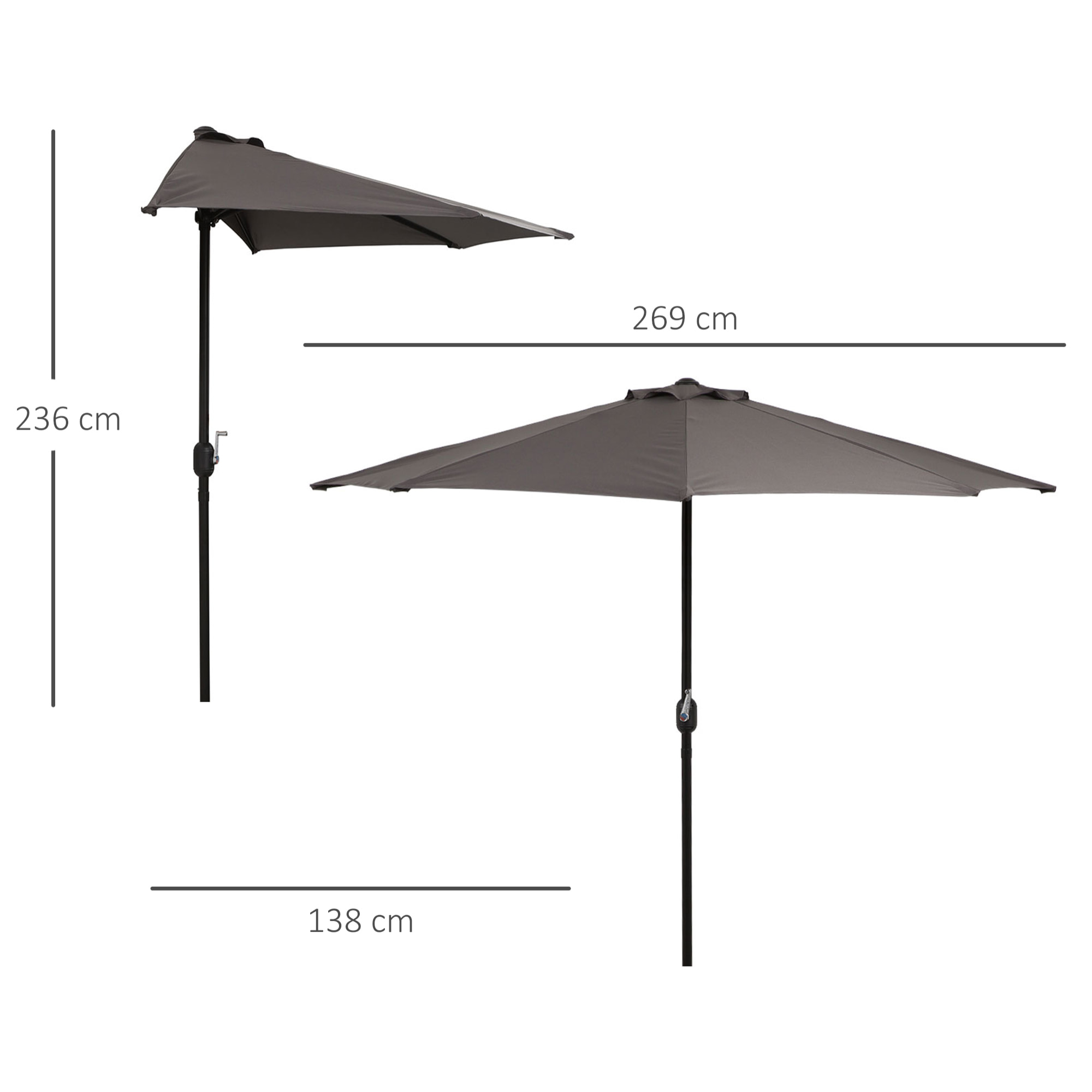 Sombrilla Parasol Jardín con Manivela Semicircular Exterior 269x138x236 cm Gris