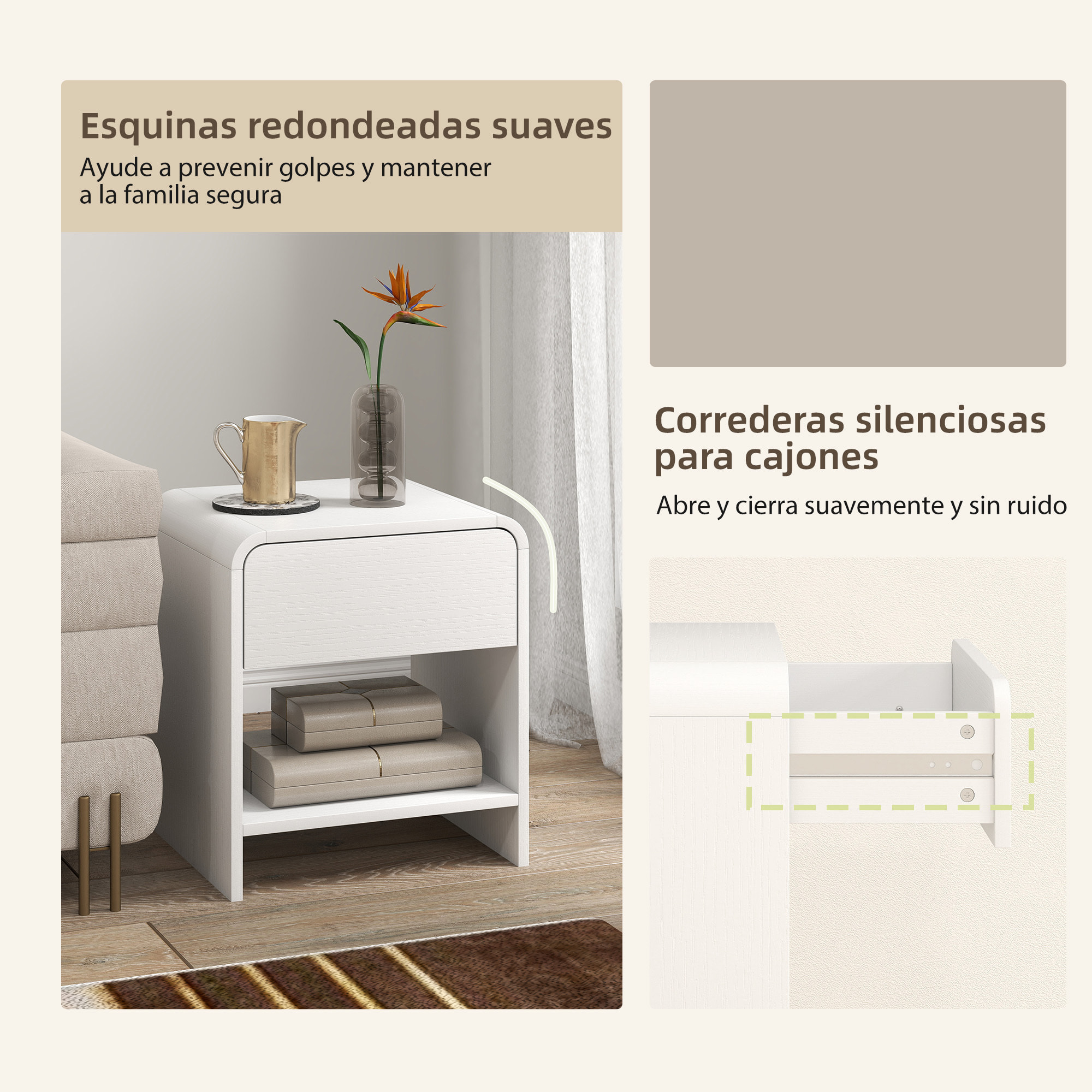 HOMCOM Juego de 2 Mesitas de Noche Nórdicas, Mesillas de Noche con Esquinas Redondeadas, Cajón y Estante Abierto, Mesita Auxiliar para Salón, Dormitorio, 40x35x45 cm, Blanco