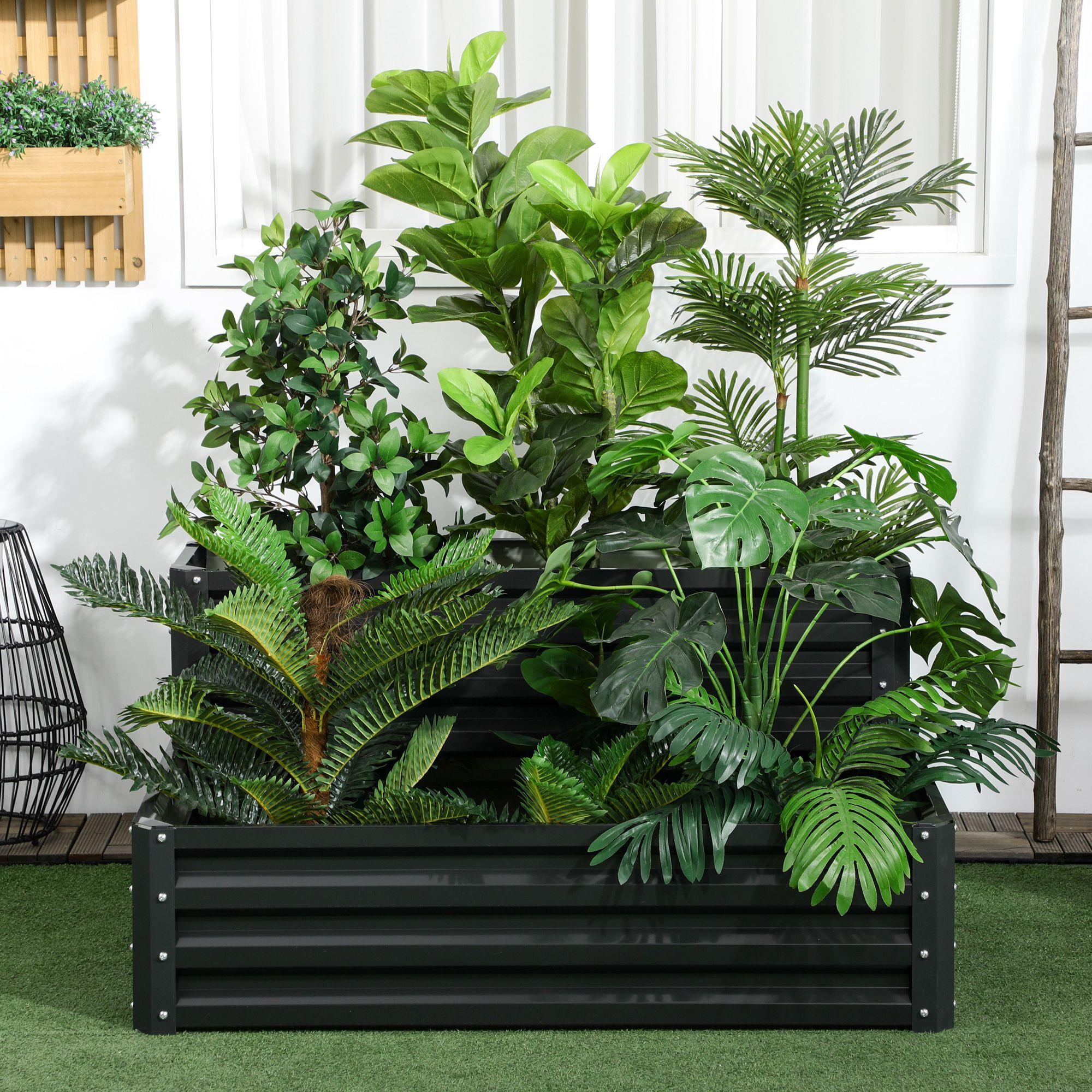 Huerto Urbano de 2 Niveles Jardinera Exterior de Acero con Diseño de Escalera para Cultivos Plantas Medicina Herbaria Flores para Terraza Jardín 120x101x58 cm Gris Oscuro