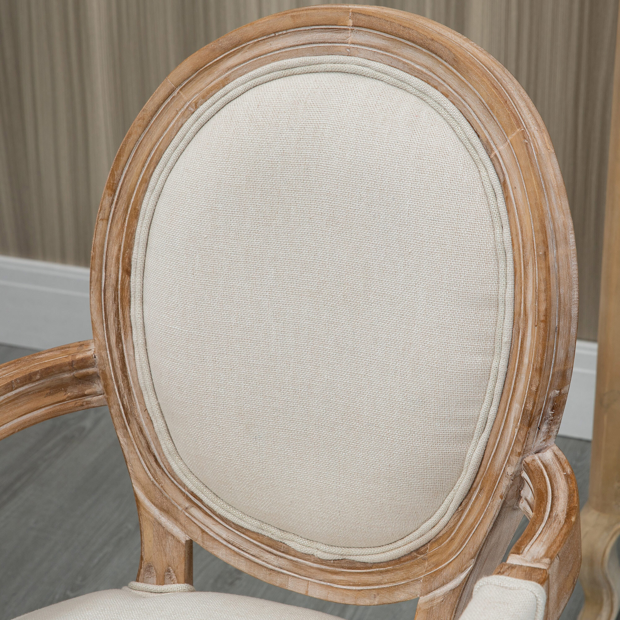 Chaise de salle à manger chaise de salon médaillon style Louis XVI bois hévéa patiné sculpté tissu beige