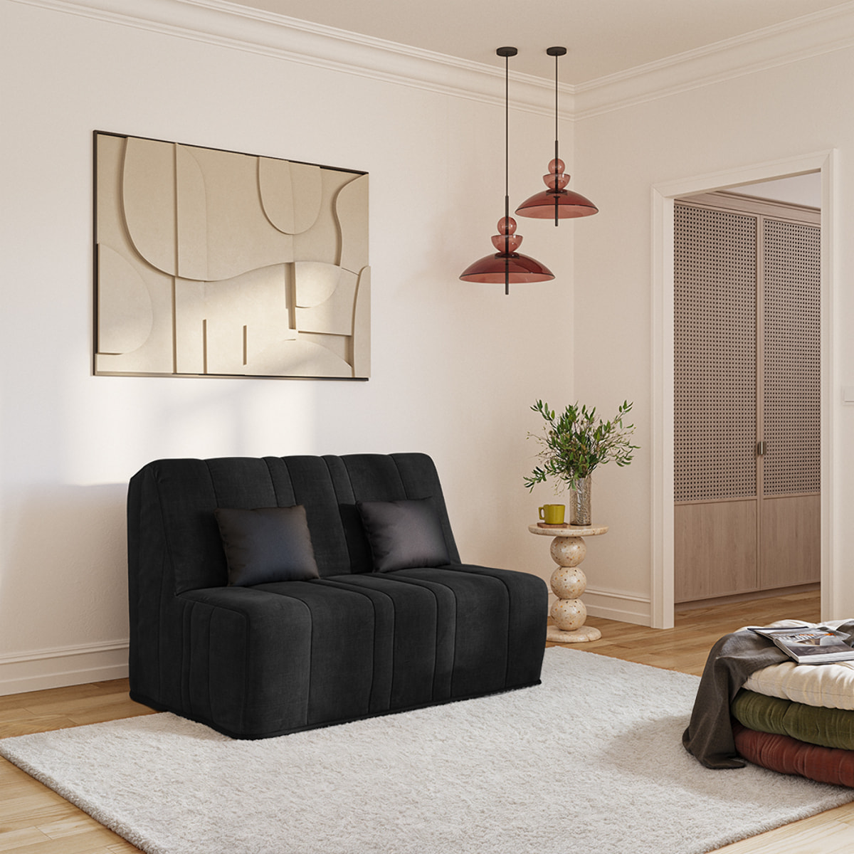 Banquette convertible Nea, matelas Simmons, 140 x 190 cm, 2 coussins offerts, Coton noir