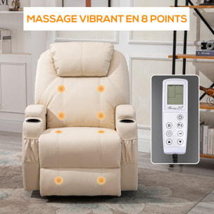 Fauteuil luxe de relaxation et massage inclinaison dossier repose-pied électrique revêtement synthétique crème