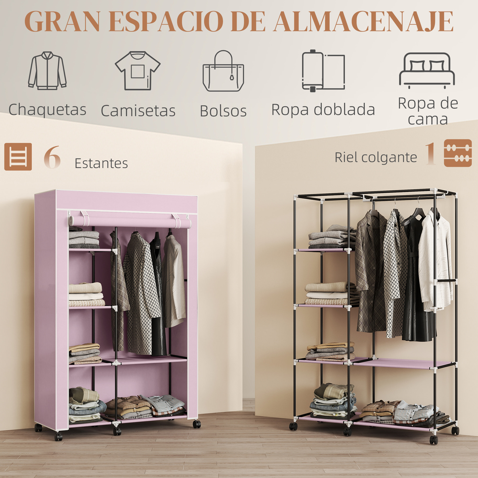 Armario de Tela con Ruedas, Armario Portátil, con Barra para Colgar, 6 Estantes, Marco de Acero, para Dormitorio, Vestidor, 103x43x162,5 cm, Rosa