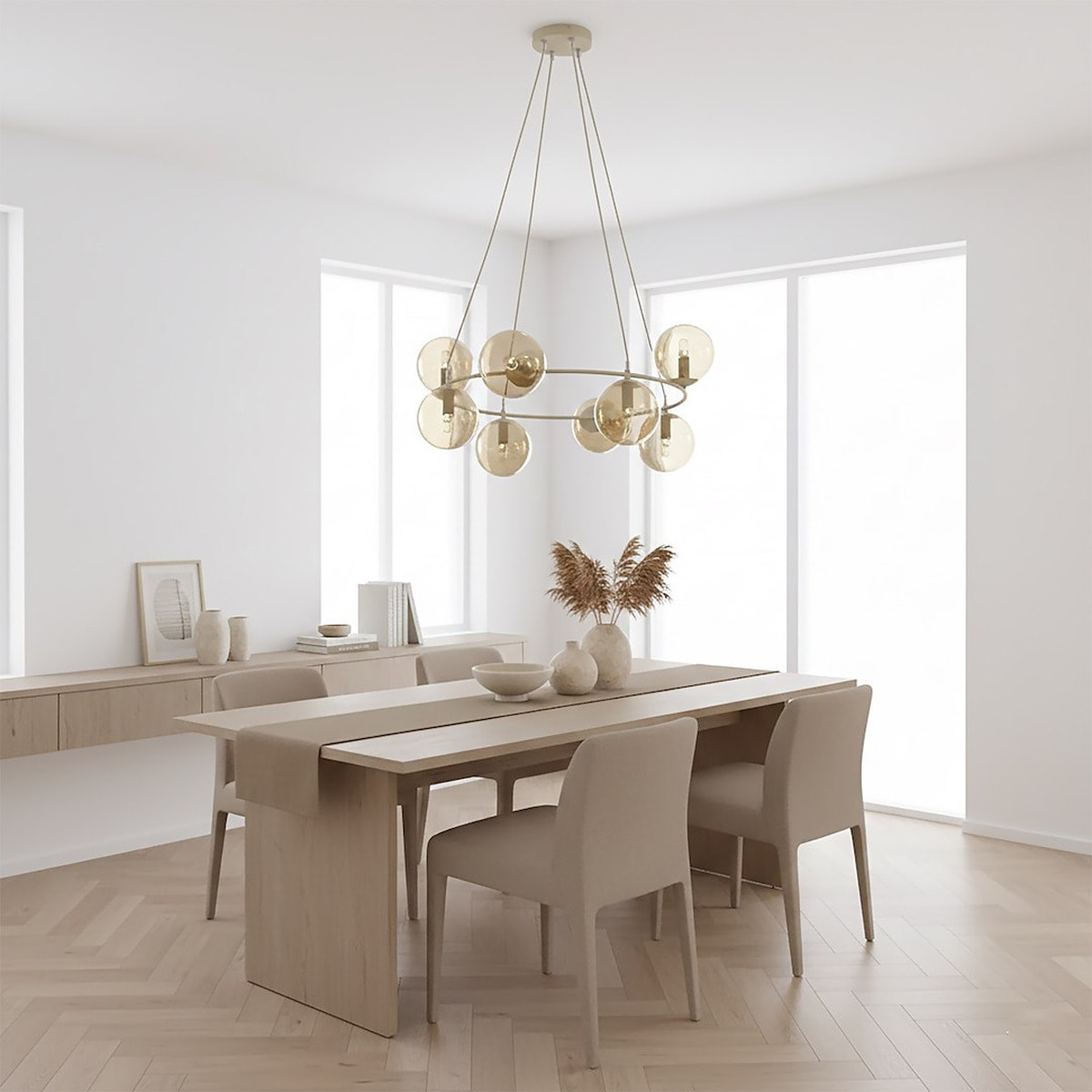 Lampada a sospensione AZURA in acciaio beige e sfere in vetro ambra