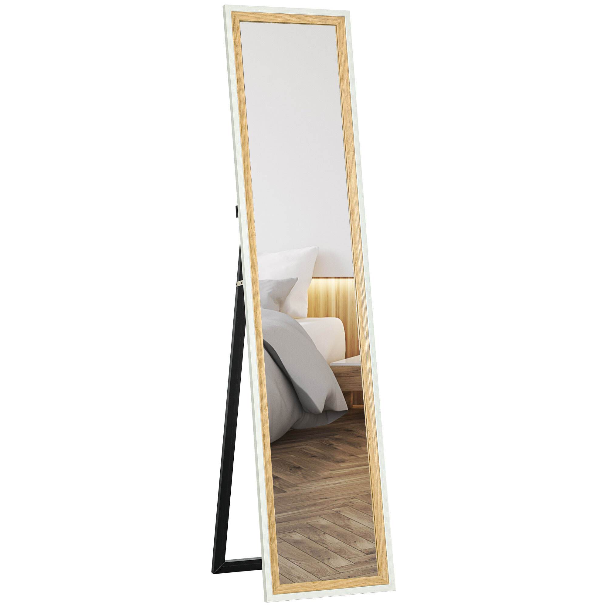 Espejo de Cuerpo Entero 157x37 cm Espejo de Pie o de Pared con Marco de MDF y Soporte para Dormitorio Salón Blanco y Natural Oscuro