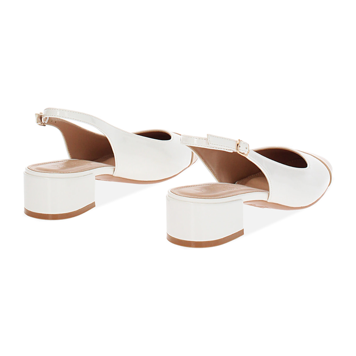 Décolleté slingback donna bianche-camel basse in vernice, tacco 4 cm